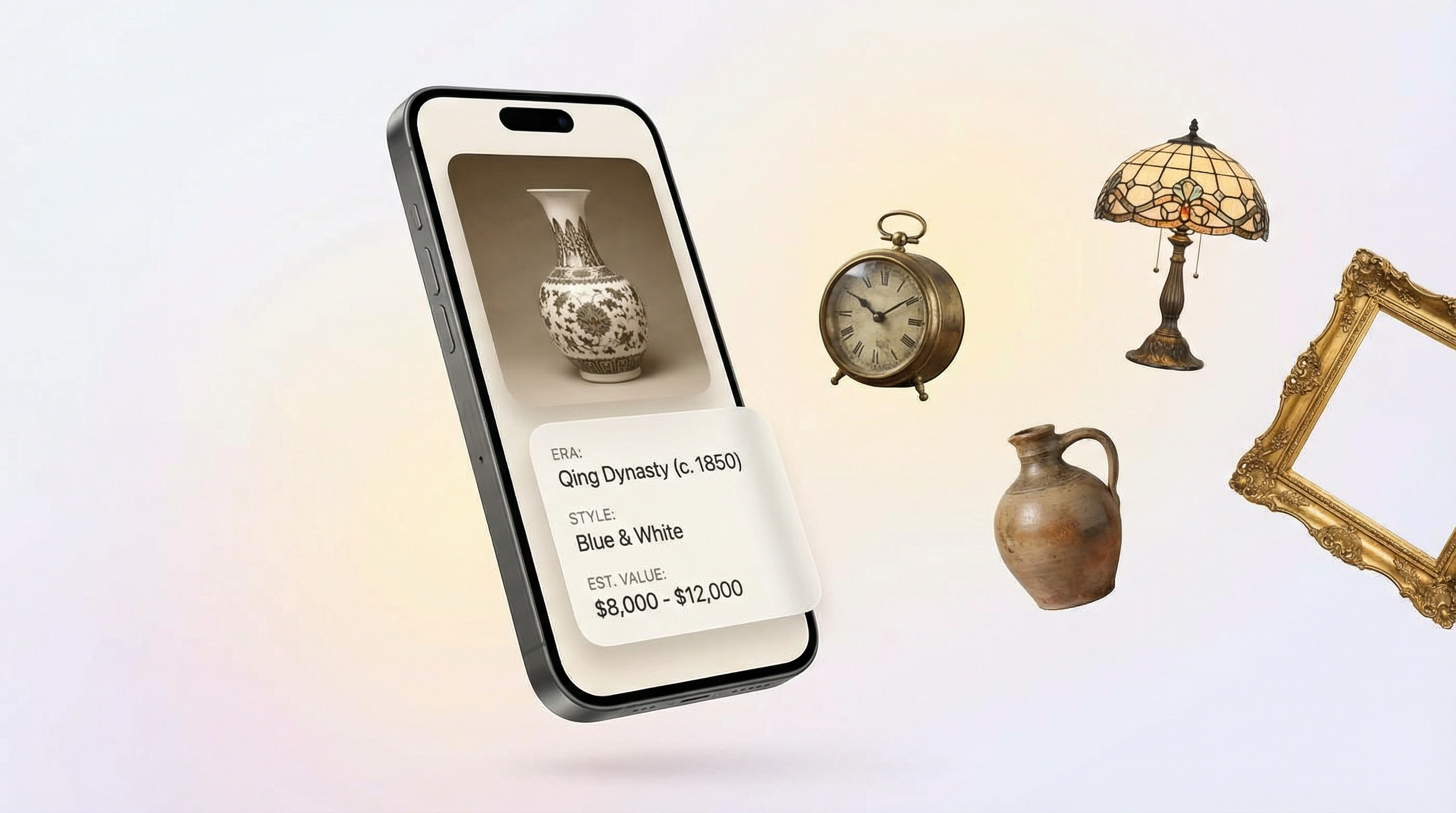 AI antique identifier app on iPhone analyzing a vintage item and returning era, origin, and estimated value