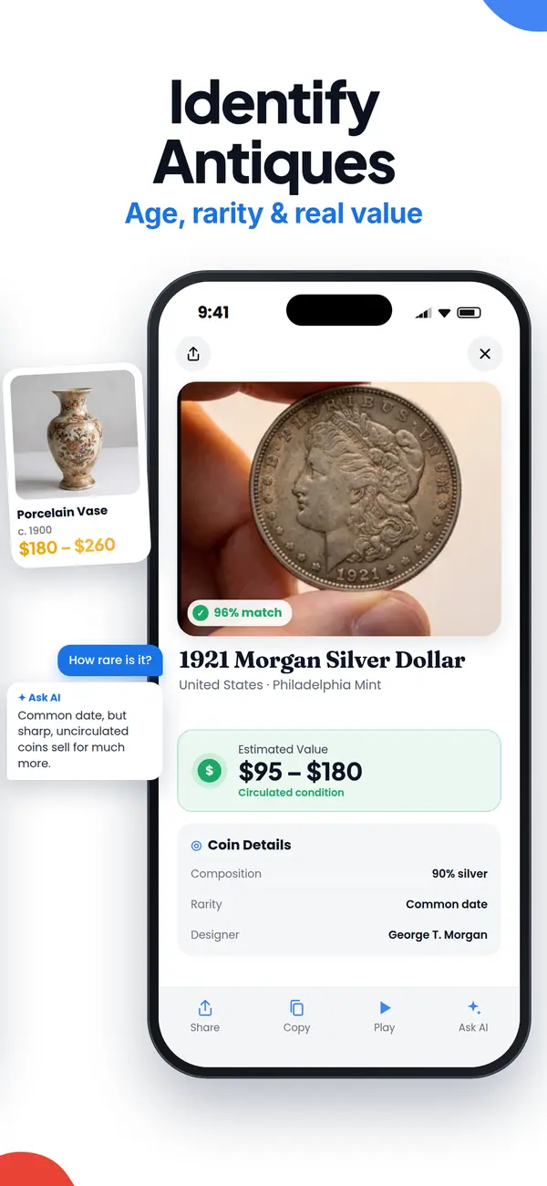 Lens AI app screen: identify antiques and coins with age, rarity and value