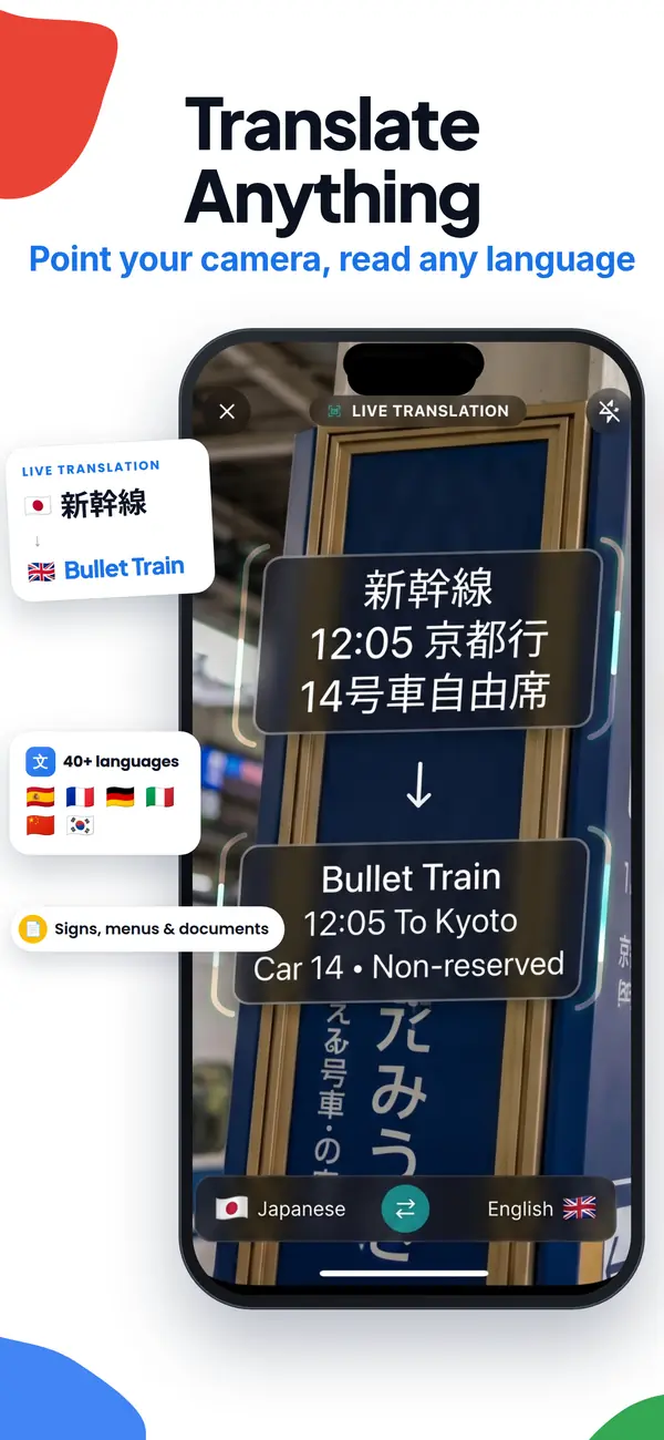 Lens AI app screen: translate signs and menus live with the camera
