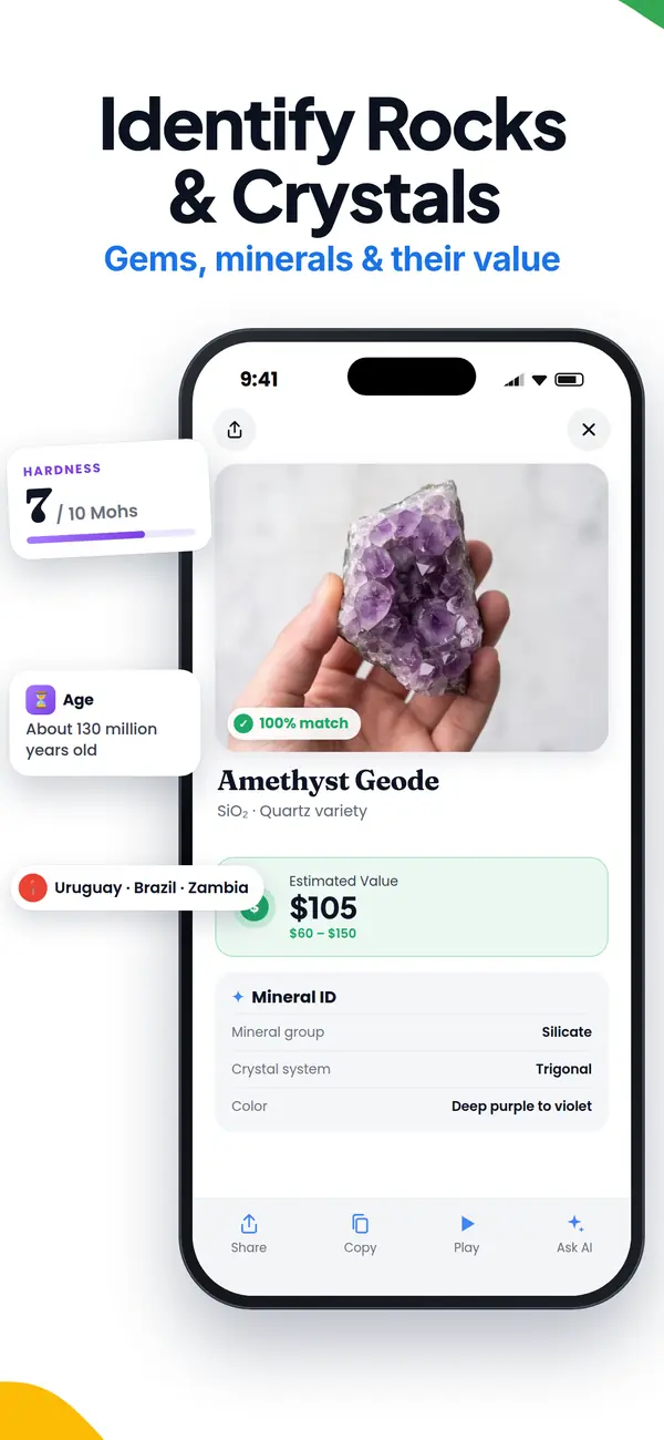 Lens AI app screen: identify rocks, crystals and gems