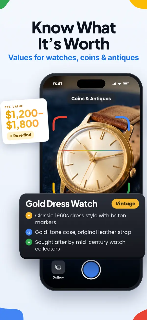Lens AI app screen: estimated value for watches, coins and antiques