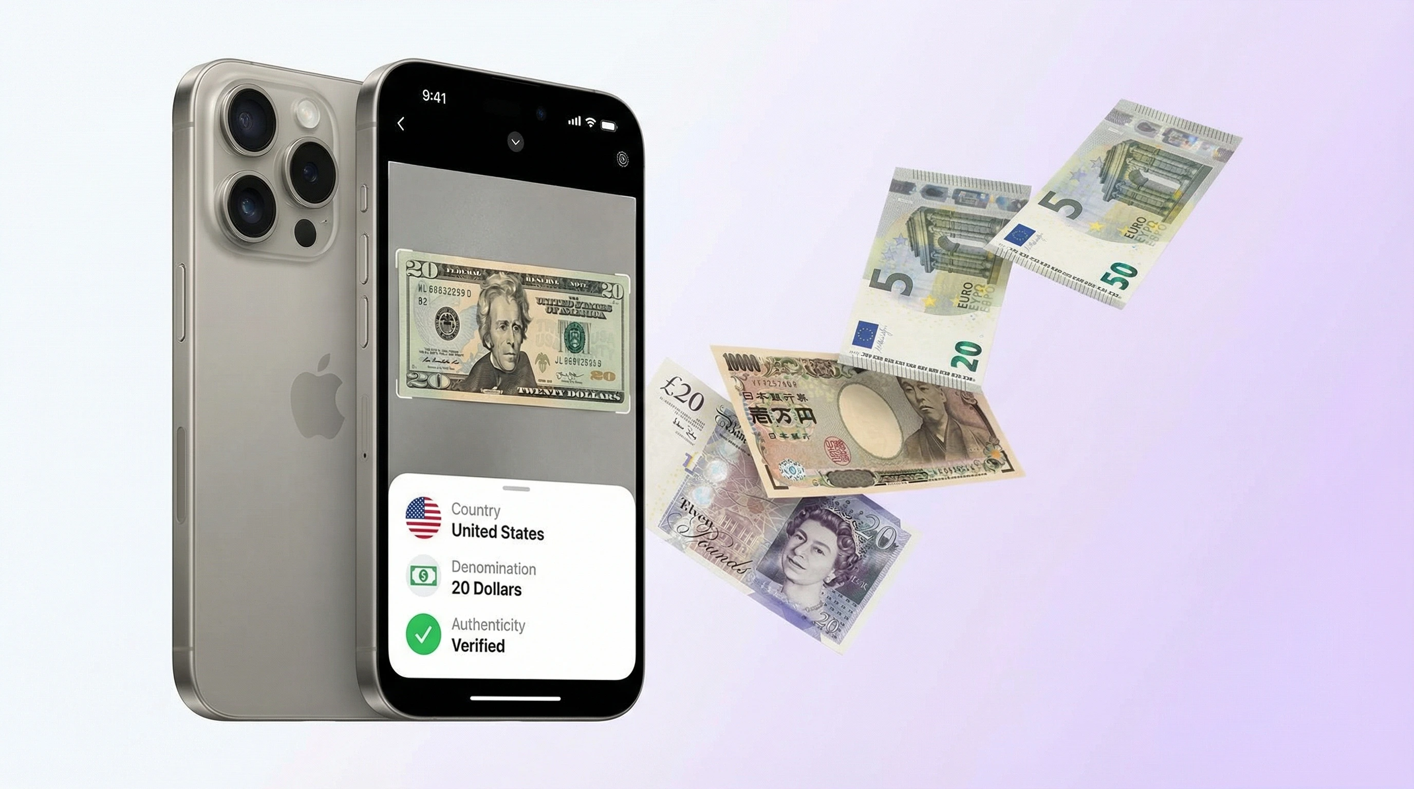 AI banknote identifier app on iPhone analyzing a banknote and returning country, denomination, and authenticity