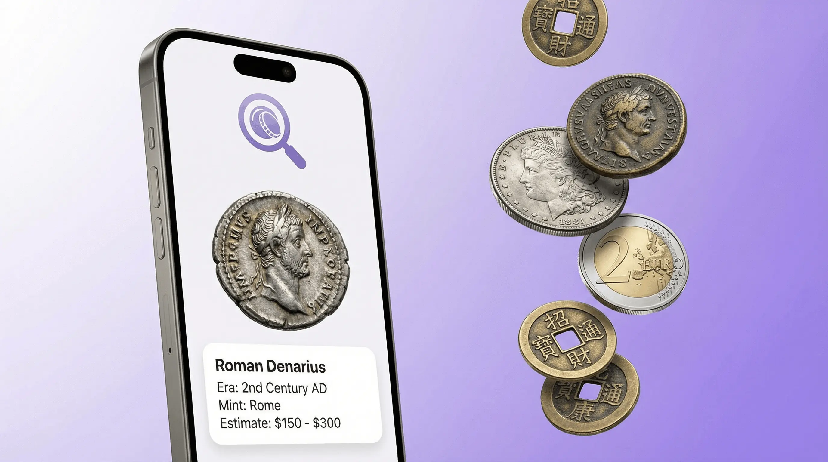 AI coin identifier app on iPhone analyzing a coin photo and returning denomination, year, and value