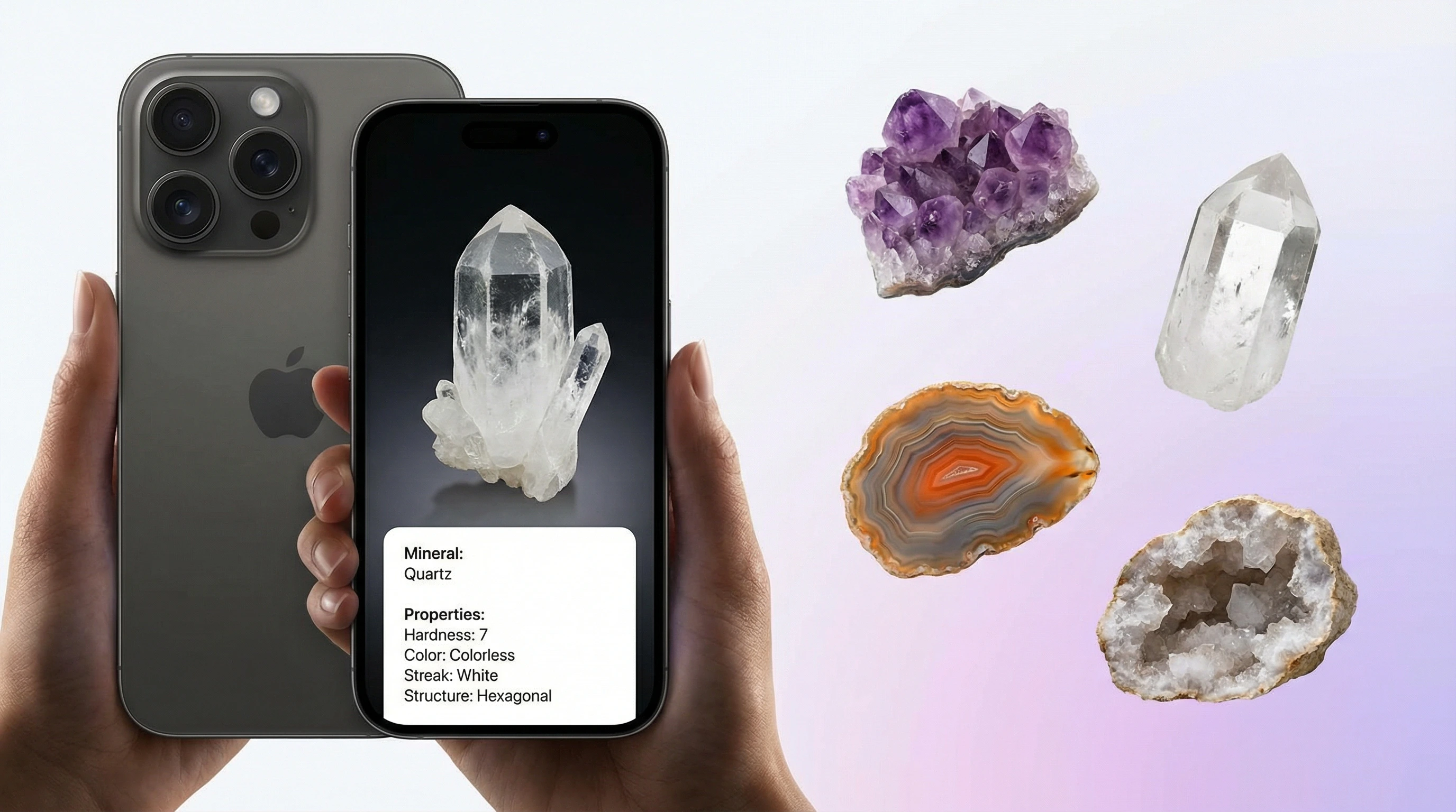 AI crystal and rock identifier app on iPhone analyzing a mineral specimen and returning name, type, and properties