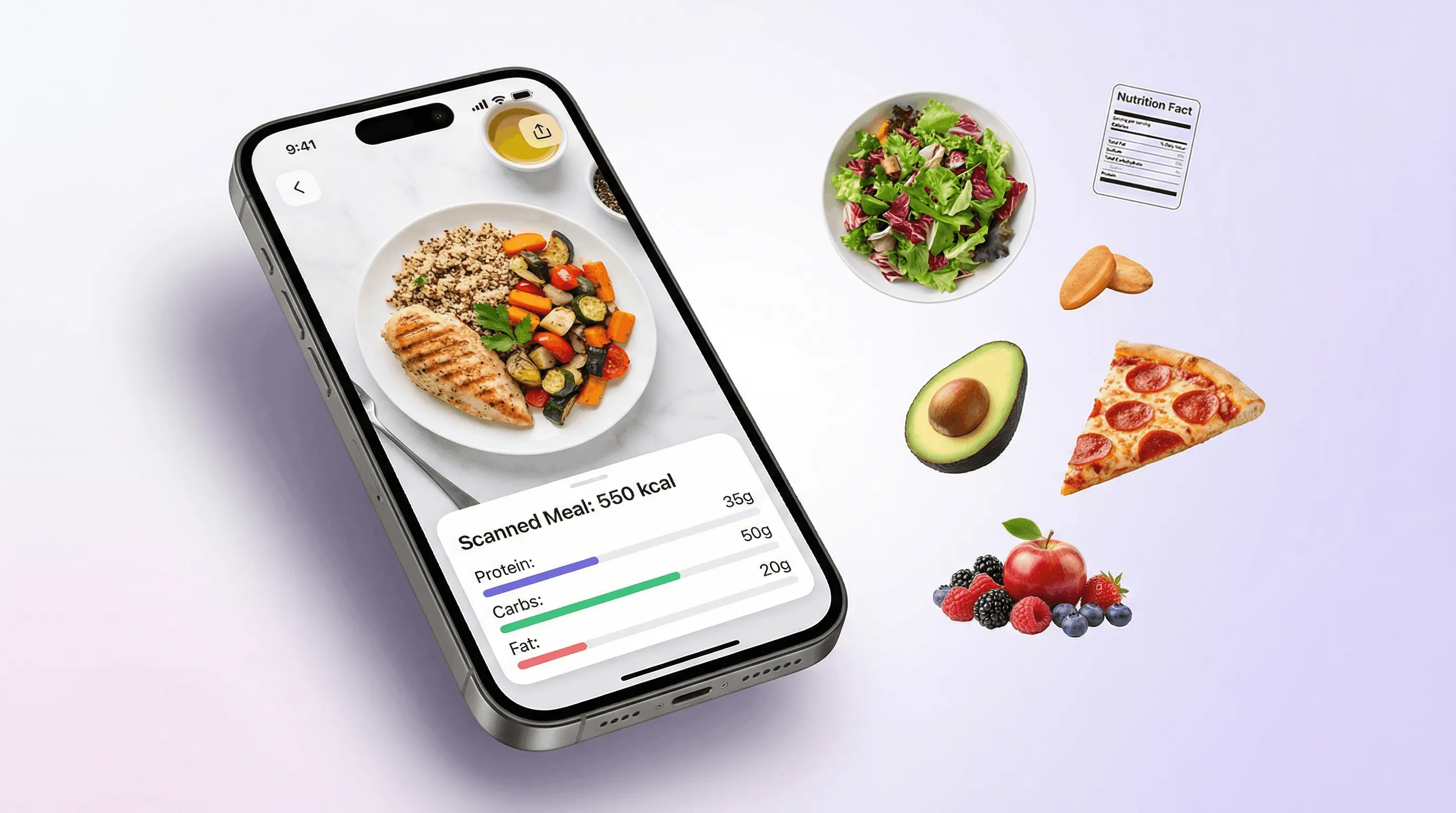 AI food scanner and calorie counter app on iPhone analyzing a meal and returning nutritional information