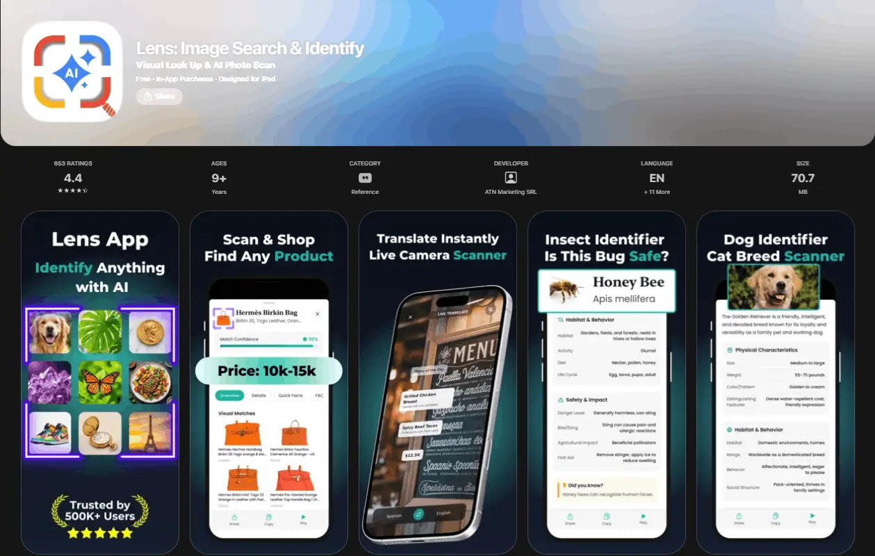 Lens App AI image search and identifier on iPhone showing plant, object, and food recognition
