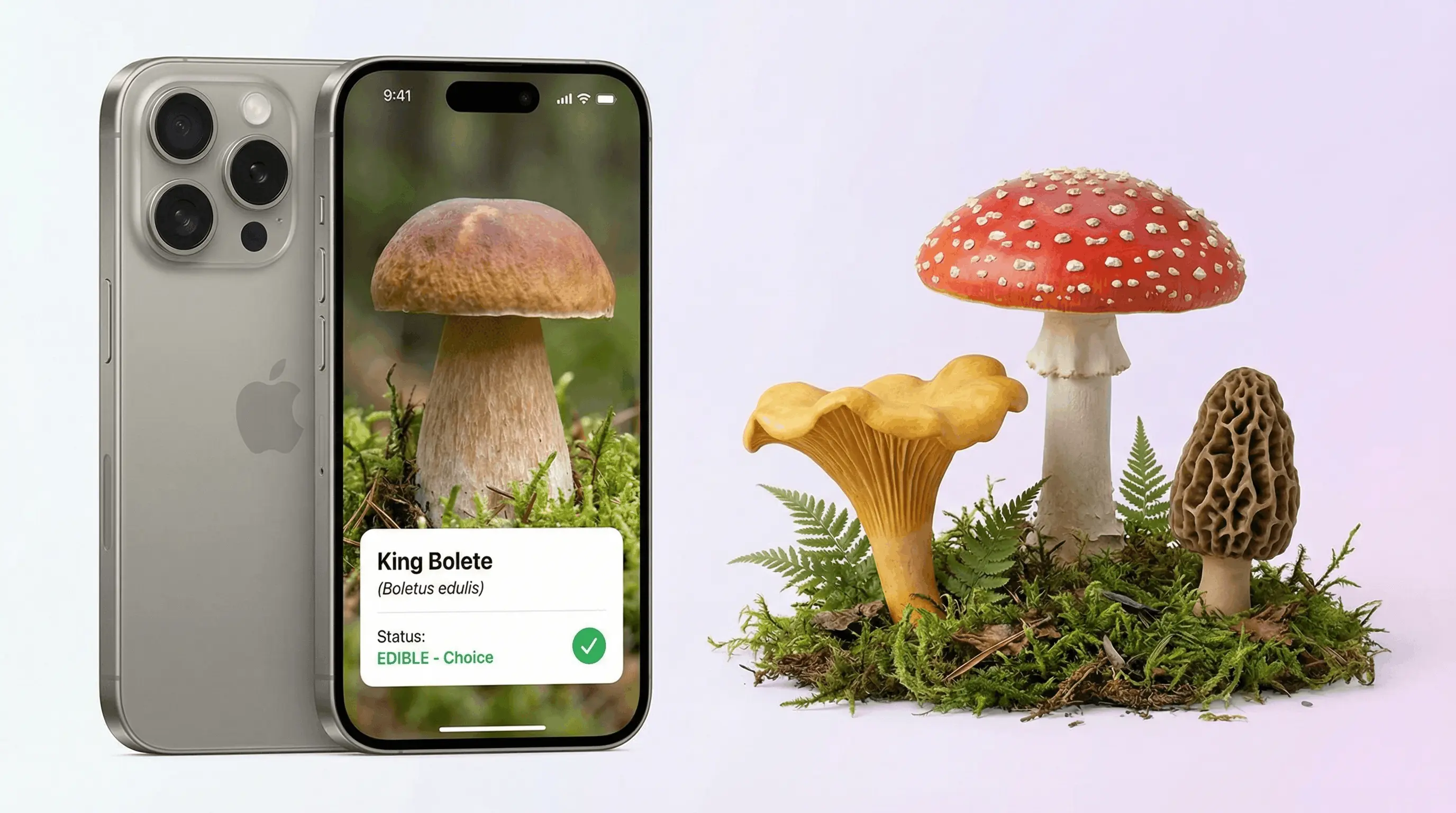 AI mushroom identifier app on iPhone analyzing a mushroom photo and returning species and edibility