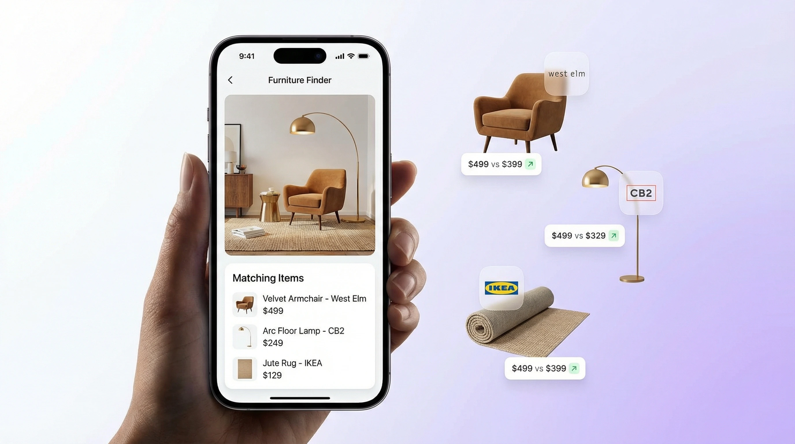 AI shopping finder app on iPhone identifying products from photos and comparing prices online